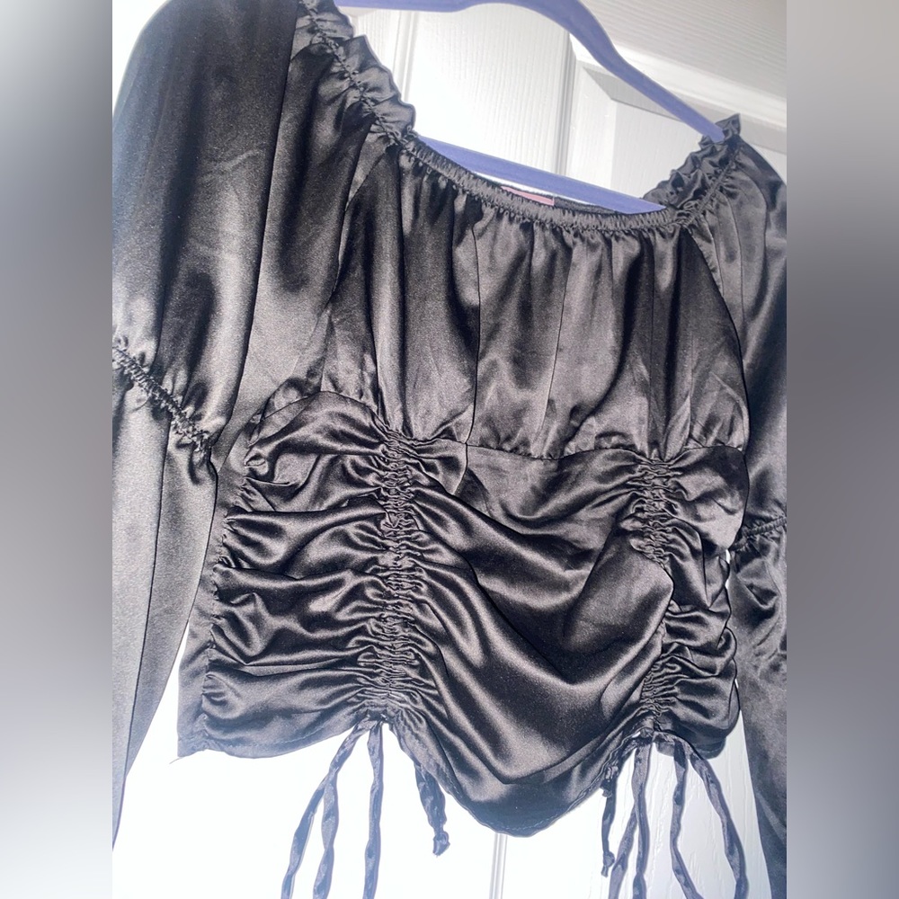 Black satin princess-cut blouse!